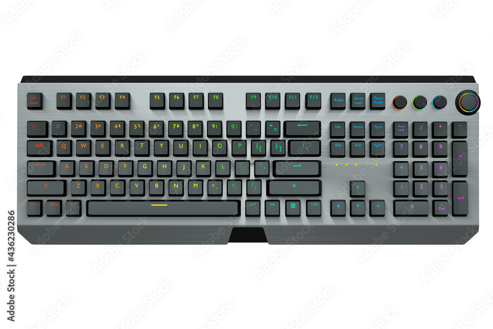 Poster black computer keyboard with rgb colors isolated on white background.