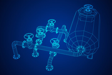 Oil tank storage of flammable materials and pipeline with valve. Finance economy polygonal petrol production. Petroleum fuel industry transportation line. Wireframe low poly mesh vector illustration.