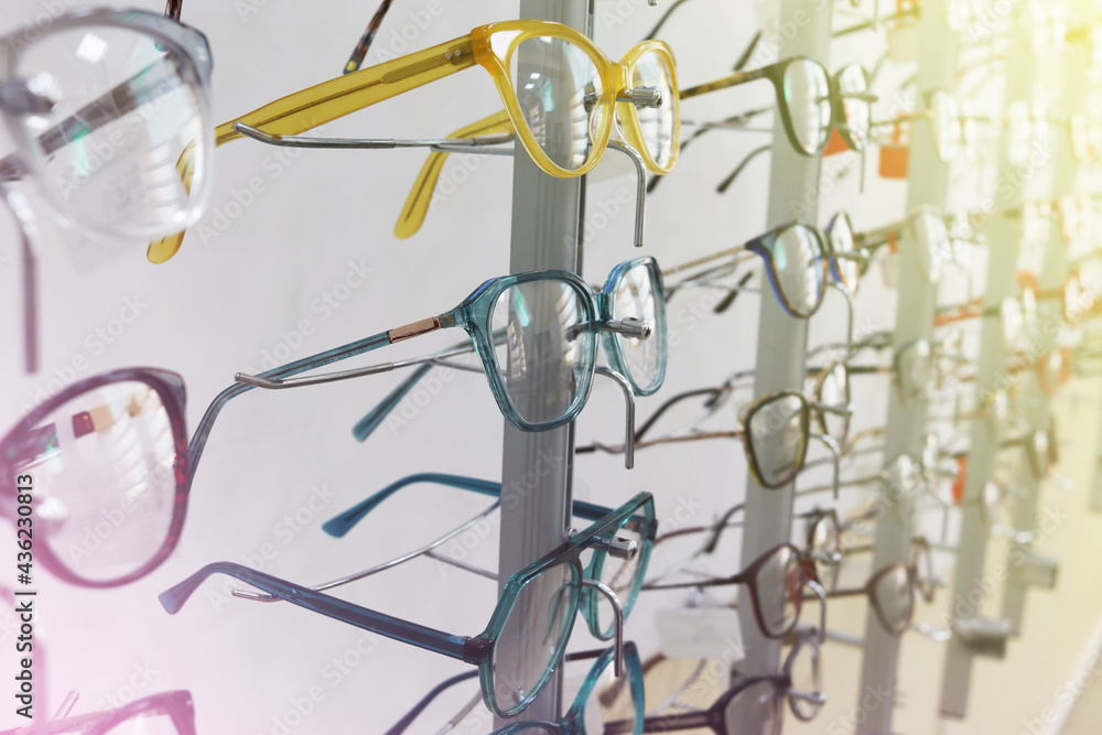 Canvas Prints optics salon. optical store. beautiful colored eyeglasses for sale. stylish modern eyeglass frame