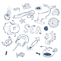 Cute sea creatures line style on the white background