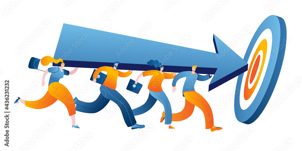 Poster a group of characters carries an arrow pointing to the center of the target. vector illustration con