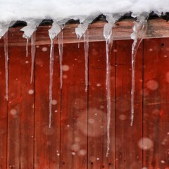 Row of icicles hanging from a house roof