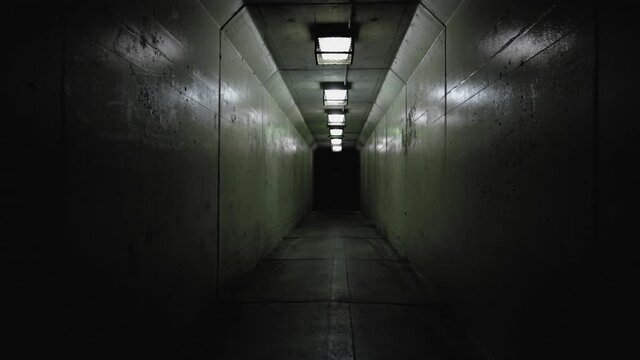 Dark, scary concrete Hallway at night with flickering lights.