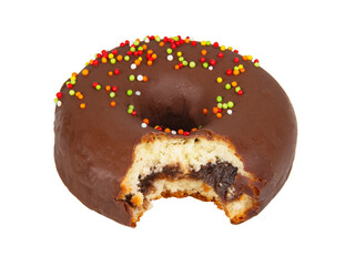 Chocolate glazed donut eaten isolated on the white background