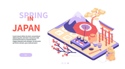 Spring in Japan - modern colorful isometric web banner