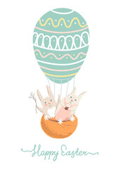 happy Easter vector greeting card with bunnies in the balloon