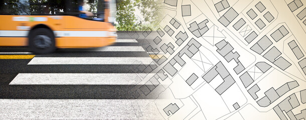 Black and white pedestrian crossing with bus on background against an imaginary city map - notes:...