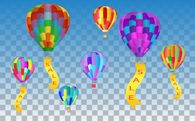 Sale banner template design with colorful balloons / hot air balloons on translucent sky background