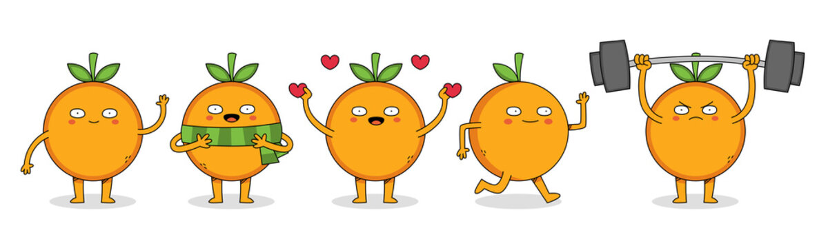 Cute orange cartoon character set 1 of waving, wearing scarf, spreading love, running and weight lifting