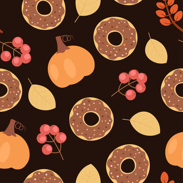 Autumn style seamless vector pattern on dark brown background. Warm cozy repeating background texture for fabric print, wallpaper, wrapping paper. Doodle donuts, October style leaves, berries, pumpkin