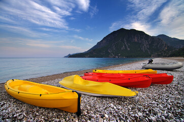 Peaceful seashore landscape in calm and quiet. Low sun, Cirali Beach