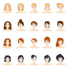 Female portraits with different hair styles, avatar set isolated on white, flat design, vector illustration