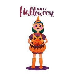 Happy Halloween, girl in halloween costume with pumpkin, vector illustration