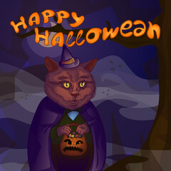 Happy Halloween, monster cat with candy walks through the forest,  vector illustration