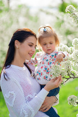 mom with a little daughter in her arms in the park by a flowering trees. 