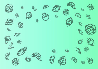 Summer blue vector background with scattered low opacity fruit and vegetable icons. Modern wallpaper or background with space for text in the middle.