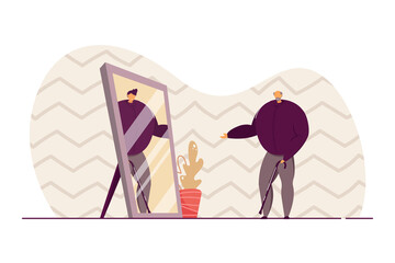 Old man looking in mirror and seeing younger self. Elderly person with waking stick, young man in reflection flat vector illustration. Youth, nostalgia concept for banner, website design