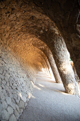 Colonnaded pathway in Park Guell, Barcelona, Spain