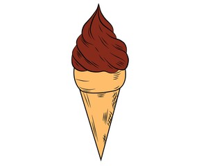 Realistic ice cream with a waffle tube on a white background with frosting. Vector illustration.