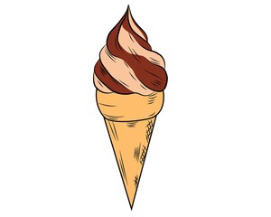 Realistic ice cream with a waffle tube on a white background with frosting. Vector illustration.