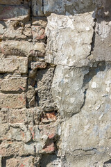 A ruined brick wall with remnants of plaster as a natural backdrop. 