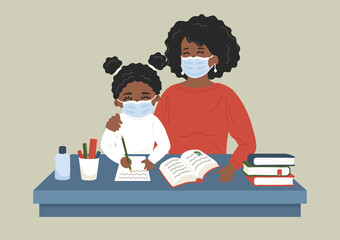 African ethnicity child with teacher wearing in medical masks to prevent coronavirus disease. Cute girl writes on the paper at the desk.