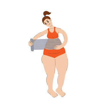 Woman Is Wrapped In Food Wrap For Weight Loss. Saran Wrap. The Girl Wraps A Plastic Wrap Around Her Stomach. Stock Vector Illustration On A White Background.