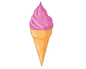 Realistic ice cream with a waffle tube on a white background with frosting. Vector illustration.