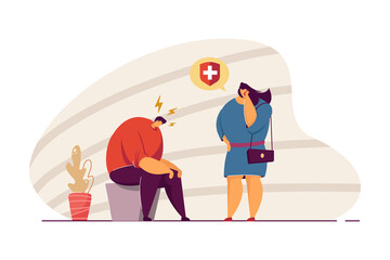 Wife calling ambulance for husband suffering from headache. Woman talking on phone, man sitting with head down flat vector illustration. Health, healthcare, migraine concept for banner, website design