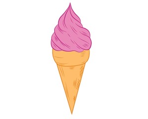 Realistic ice cream with a waffle tube on a white background with frosting. Vector illustration.