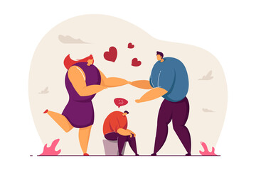 Man jealous of happy couple. Sad male character with head down, boyfriend and girlfriend holding hands flat vector illustration. Love, jealousy, past relationship concept for banner, website design