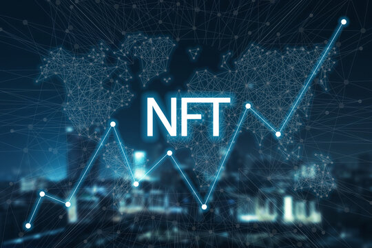Concept cryptographic NFT. Blockchain network, cryptographic non-fungible tokens. NFT with a network and a growing schedule, search. New technologies, financial schedule, future concept