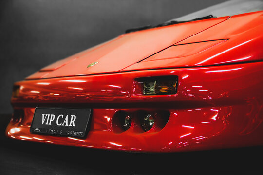 Kiev, Ukraine - May 22, 2021: The Front Of The Car Lamborghini Diablo Koenig. Exclusive Red Supercar In The Underground Parking. Car Wallpaper