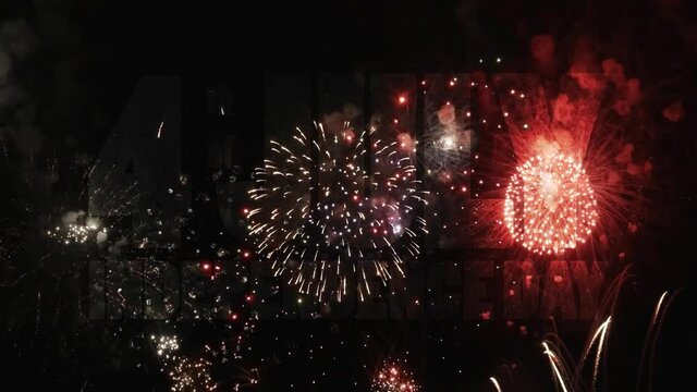 Translucent text with grunge texture - 4 th of july Independence Day - on colorful holiday fireworks background. 4k video of high quality 16x9. 