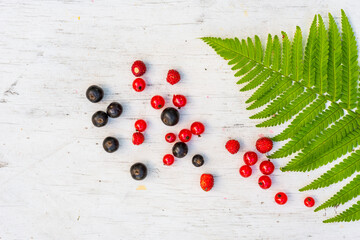 Naklejka na ściany i meble Berries red and black currants with strawberry and ferns are scattered on the old wooden table
