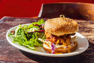 Close up shot of deep fried chicken sandwich
