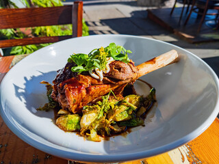 Close up shot of slow cooked braised Lamb Shanks