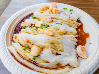 Close up shot of shrimp rice roll