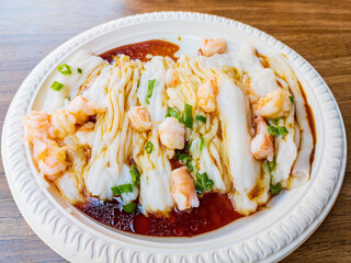 Close up shot of shrimp rice roll