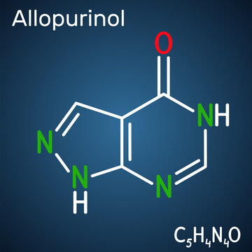 Allopurinol molecule. Drug is xanthine oxidase inhibitor, used to decrease high blood uric acid levels. Structural chemical formula on the dark blue background