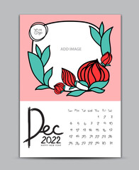 Calendar 2022 design nature concept, wall calendar 2022 year, Lettering calendar, Desk calendar template, December page, hand-drawn leafs and flowers vector illustration Can be used for postcard