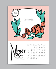 Calendar 2022 design nature concept, wall calendar 2022 year, Lettering calendar, Desk calendar template, November page, hand-drawn leafs and flowers vector illustration Can be used for postcard