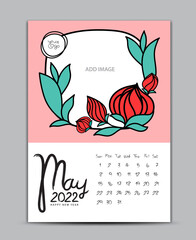 Calendar 2022 design nature concept, wall calendar 2022 year, Lettering calendar, Desk calendar template, May page, hand-drawn leafs and flowers vector illustration Can be used for postcard