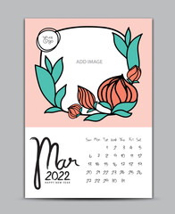 Calendar 2022 design nature concept, wall calendar 2022 year, Lettering calendar, Desk calendar template, March page, hand-drawn leafs and flowers vector illustration Can be used for postcard