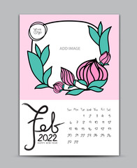 Calendar 2022 design nature concept, wall calendar 2022 year, Lettering calendar, Desk calendar template, February page, hand-drawn leafs and flowers vector illustration Can be used for postcard