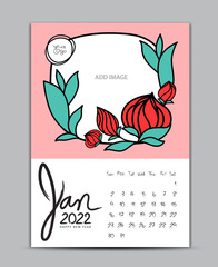 Fototapeta na wymiar Calendar 2022 design nature concept, wall calendar 2022 year, Lettering calendar, Desk calendar template, January page, hand-drawn leafs and flowers vector illustration Can be used for postcard