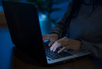 woman using laptop, searching web, browsing information, having workplace at home 