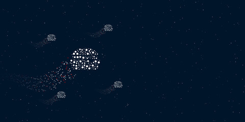 Fototapeta na wymiar A hamburger symbol filled with dots flies through the stars leaving a trail behind. Four small symbols around. Empty space for text on the right. Vector illustration on dark blue background with stars