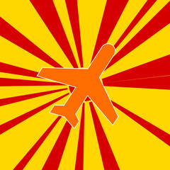 Plane symbol on a background of red flash explosion radial lines. The large orange symbol is located in the center of the sun, symbolizing the sunrise. Vector illustration on yellow background