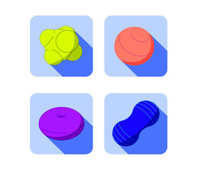 Set of fitness balls color icons.  Type of vector sport equipment with shades. Round, peanut shape, reaction, reflex and bounce balls, fitness donut  balls for gym, yoga, reabilitation and recreation